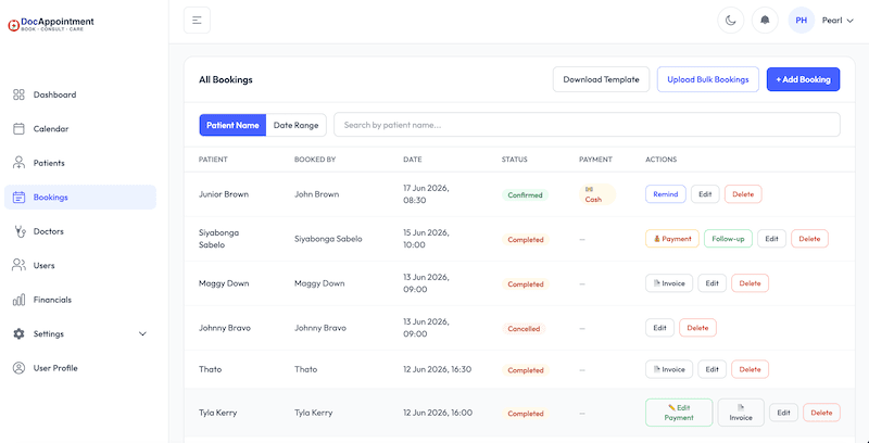 Bookings management table with actions