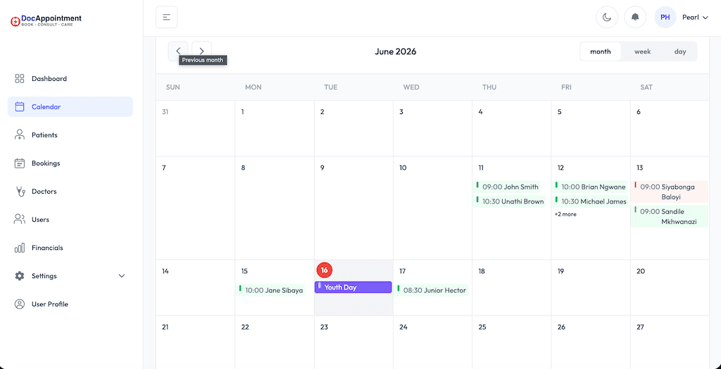 Calendar view with appointments and events