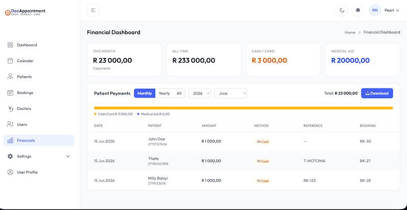 Financial reporting dashboard with payment breakdown
