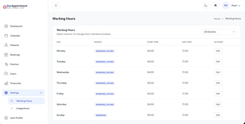 Working hours configuration screen